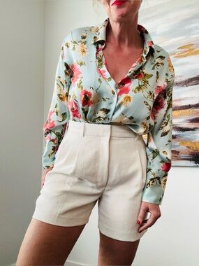 ZARA Floral Oversized Satin Effect Button Down Blouse Light Blue Pink Small